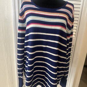 Chico’s Pullover Sweater Size 4 Blue White Stripe XXL Button Sleeve Knit NWT